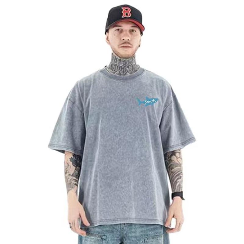 Unisexs Summer Shortsleeved Washed Vintage G Cotton Shirt with Fish Pattern Pure Cotton Casual and Loose Tshirt