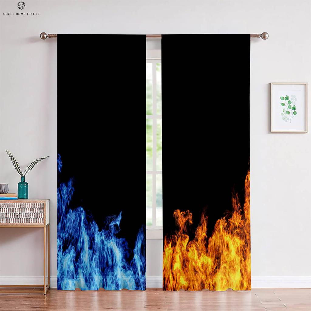2pcs Water Flame Two Pole 3D Printing Curtain Polyester Fiber Machine Washable Bedroom Living Room Kitchen Decorative Curtain