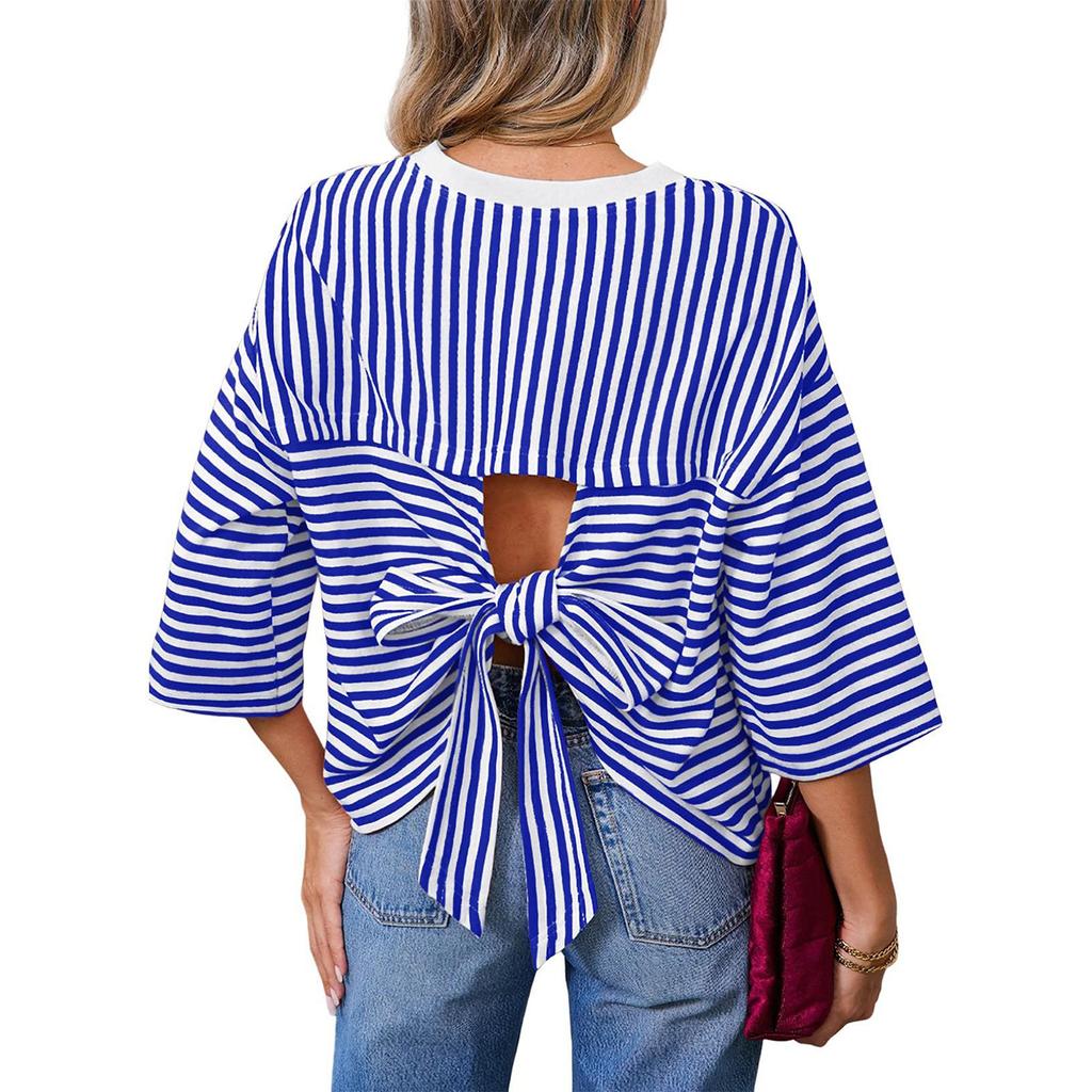 Damen Freizeit Pullover mit Streifen, Rundhalsausschnitt, Rückenausschnitt und Bindeband, Lockerer Schnitt, Modisches Oberteil für den täglichen Gebrauch