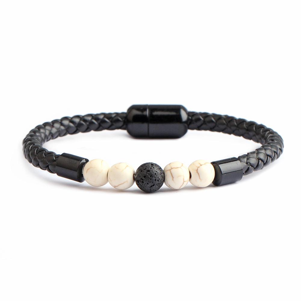 New Men s European American Style Stone Beaded Leather Bracelet with Magnetic Buckle