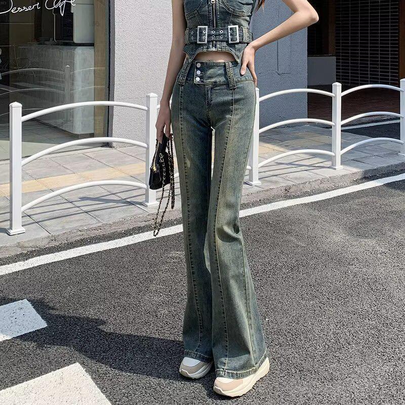 Women's Washed Retro Micro-Flare Jeans, High-Waisted, Elastic, Distressed, Slimming, Fall 2024 Collection.