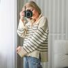 Sweaters Women Fashion Stripe Loose Zipper Knitting Sweaters Vintage Long Sleeve Female Pullover