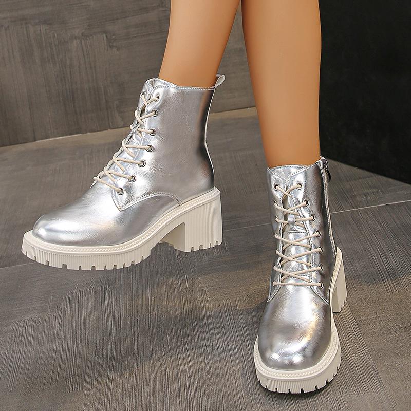 Gold Silver Platform Ankle Boots for Women 2024 Punk Lace Up Thick Heels Combat Boots Woman Zipper Chunky Short Booties Mujer