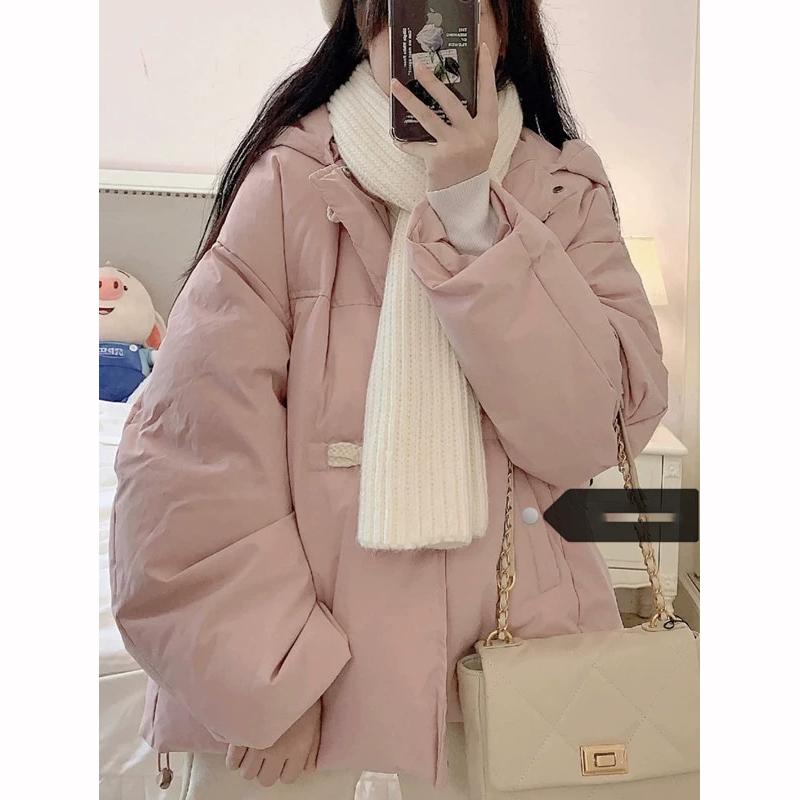 Winter Thickened Jacket Women's Coat Loose Hood Horn Button Outerwear