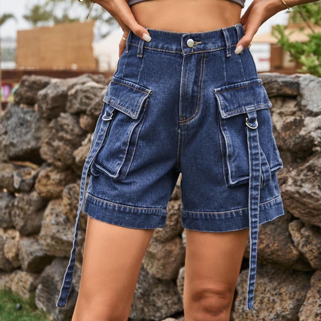 Damenmode Lässig Einfarbig Knopf Tasche Overall Denim Shorts Hose