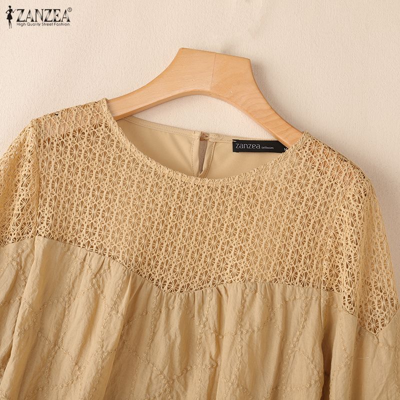 ZANZEA Women Crochet Patchwork Casual Round Neck Loose Long Sleeve Blouse