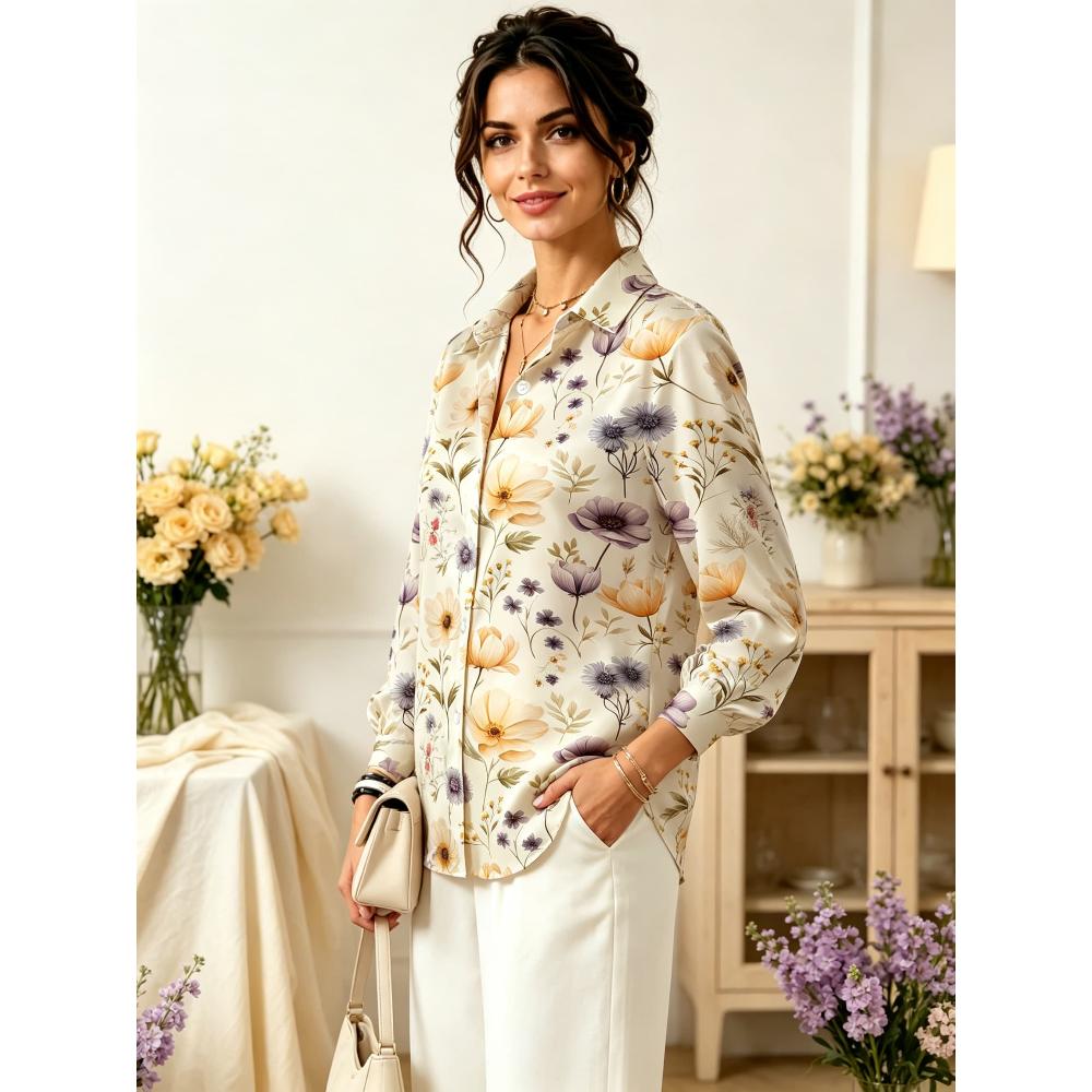 Light Purple Floral Print Satin Long Sleeve Shirt, Women Lapel Blouse for Office & Daily