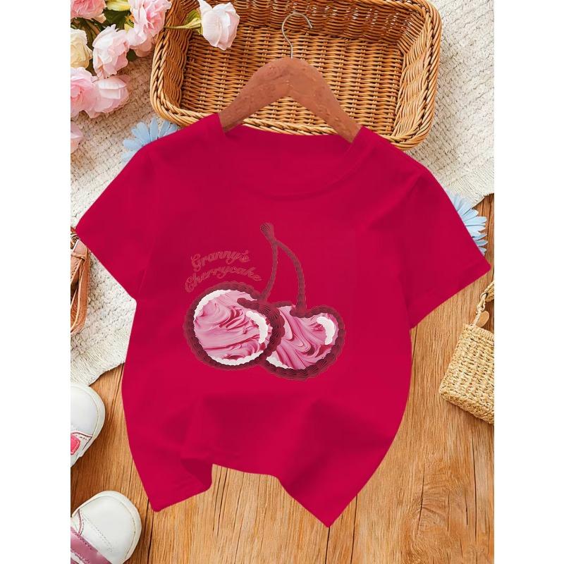Kids Summer Crewneck T-Shirt, Granny's Cherry Cake Print Soft Breathable Stylish Short Sleeve Casual Tee