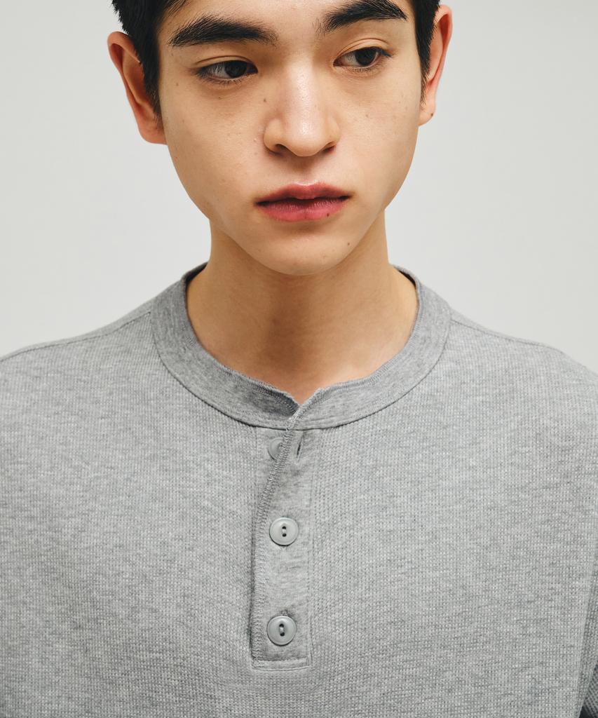ECORR Waffle Henley Neck Crop Short Sleeve T-Shirt_Melange Gray