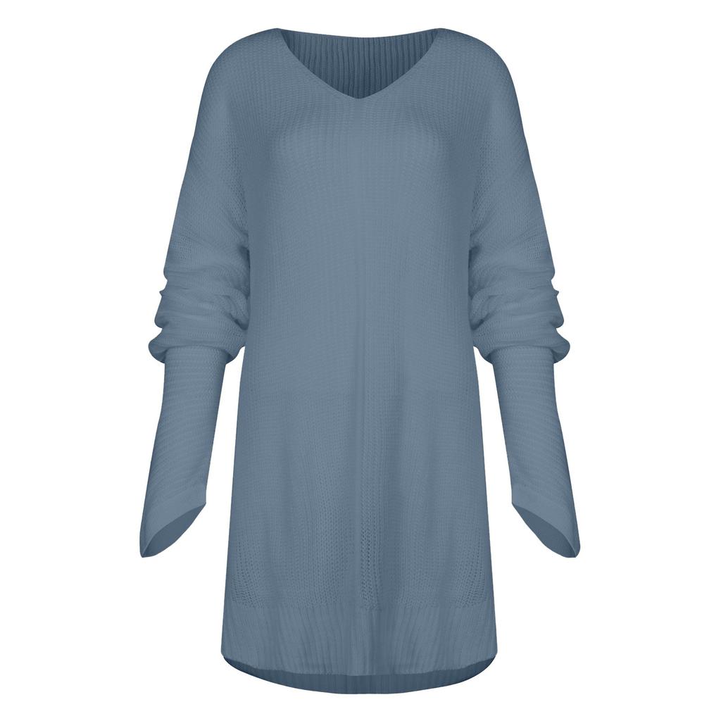 Women Fashion Casual Color Color Loose V-neck Stitching Long-sleeved Knitted Dress