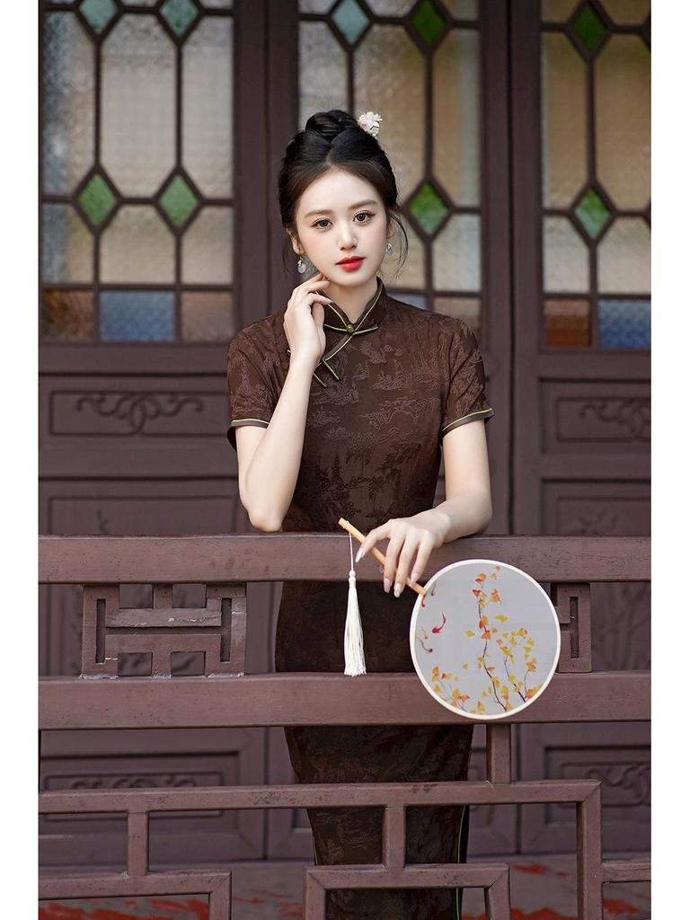 2025 Spring/Summer Red Cheongsam Long Dress - Chinese Style, Short Sleeve Performance Costume