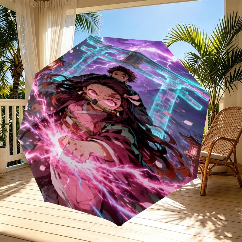 Parapluie Automatique Ouverture Fermeture Impression Demon Slayer, Parapluie Pliable Portable, pour les Trajets Extérieurs, les Voyages en Camping, Cadeau d'Anniversaire Idéal
