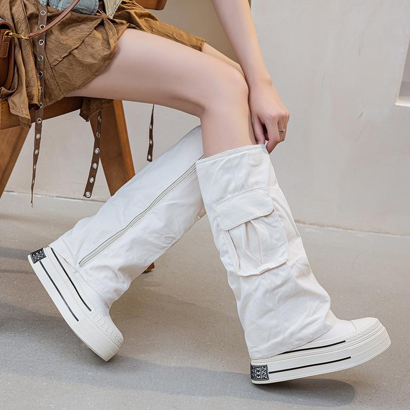 12CM Heightening Thick-soled Canvas Boots Women's Double-layer Irregular Design Tooling Boots Wrinkled Trousers Long Boots Popular Shoes