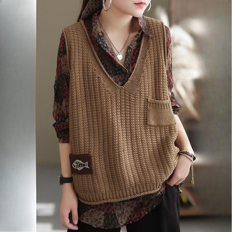 Women's Korean-Style Loose Outer-Wear Versatile V-Neck Pullover Thin Hollow-Out Sleeveless Knitted Sweater Vest Cardigan Trendy
