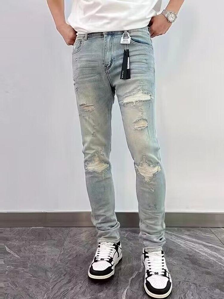 Klasické patchworkové Slim Fit Stretch Hip Hop Oblečení Muž Světle modré Stretch Roztrhané džínové kalhoty Velká velikost