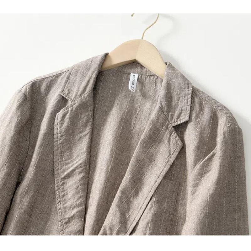 Summer Men's Suits&blazers Japanese Retro Style Stripes Cotton Linen Three Quarter Sleeve Blazer Jacket Slim Fit Casual Jacket