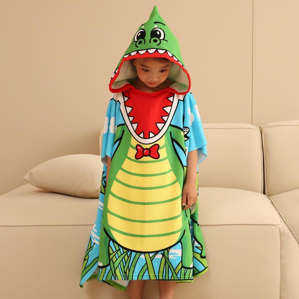 Ultra-Fine Fiber Cartoon Print Kids' Hooded Bath Towel Poncho