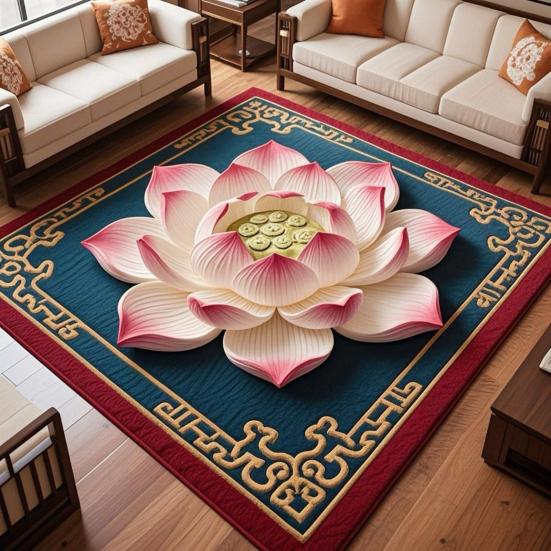 Yousheng Lotus Area Rug Non-slip Washable Flower Indoor Floor Mat Chinese Style Lotus Carpet Living Room Bedroom Office Home Decoration