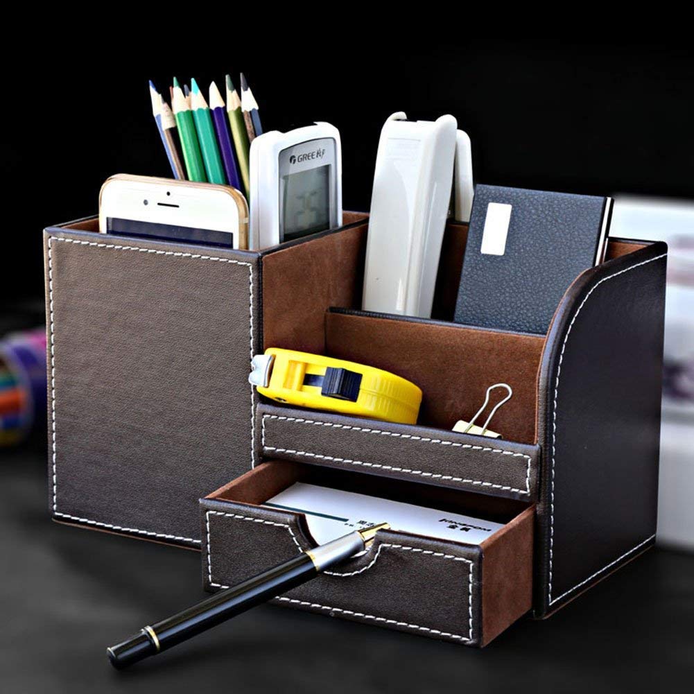 KINGFOM PU Leather Desk Stationery Organizer with Storage Remote Control and Small Drawer Box, Pen/Pencil Stand, Holder, (Brown)