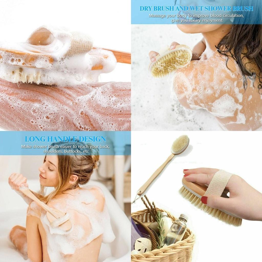 Luxurious Natural Bristle Shower Back Scrubber With Long Wooden Handle For Smooth Skin