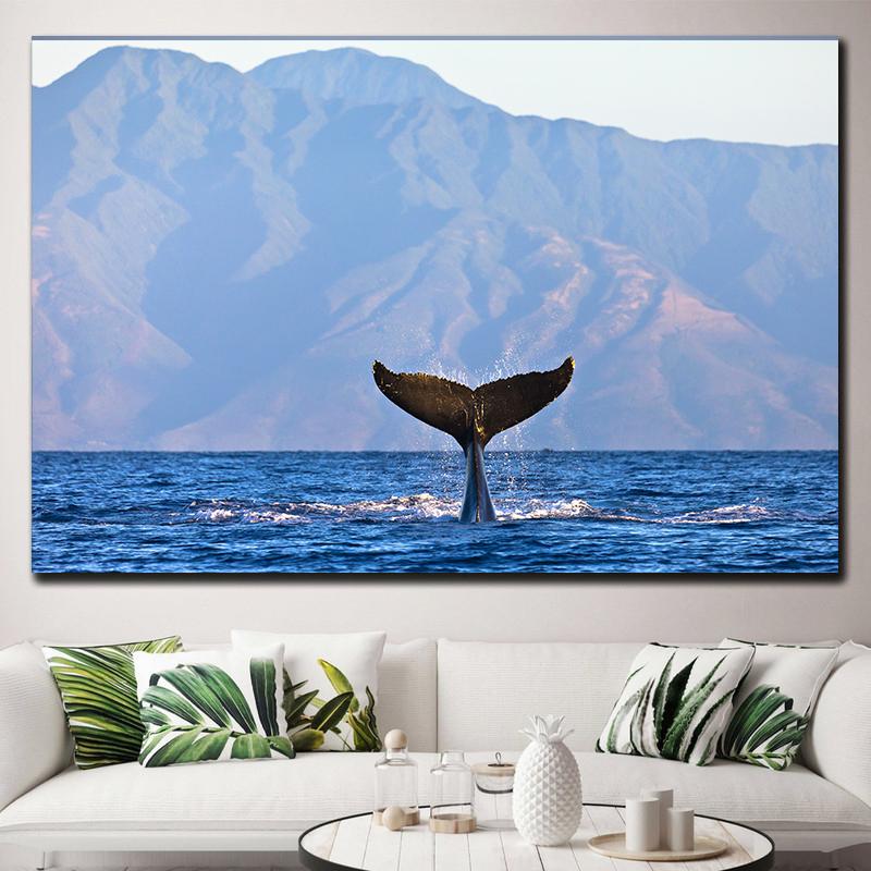 Natural Blue Whale Fish Tail Canvas Painting Wall Art Seascape Animal Killer Whale Posters and Prints for Living Room Home Decor
