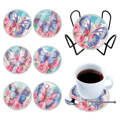 6Pcs Diamond Painting DIY Coaster Diamond Painting Art Coaster Kit Mandala Acrylic Small Monster Washable Butterfly with Holder