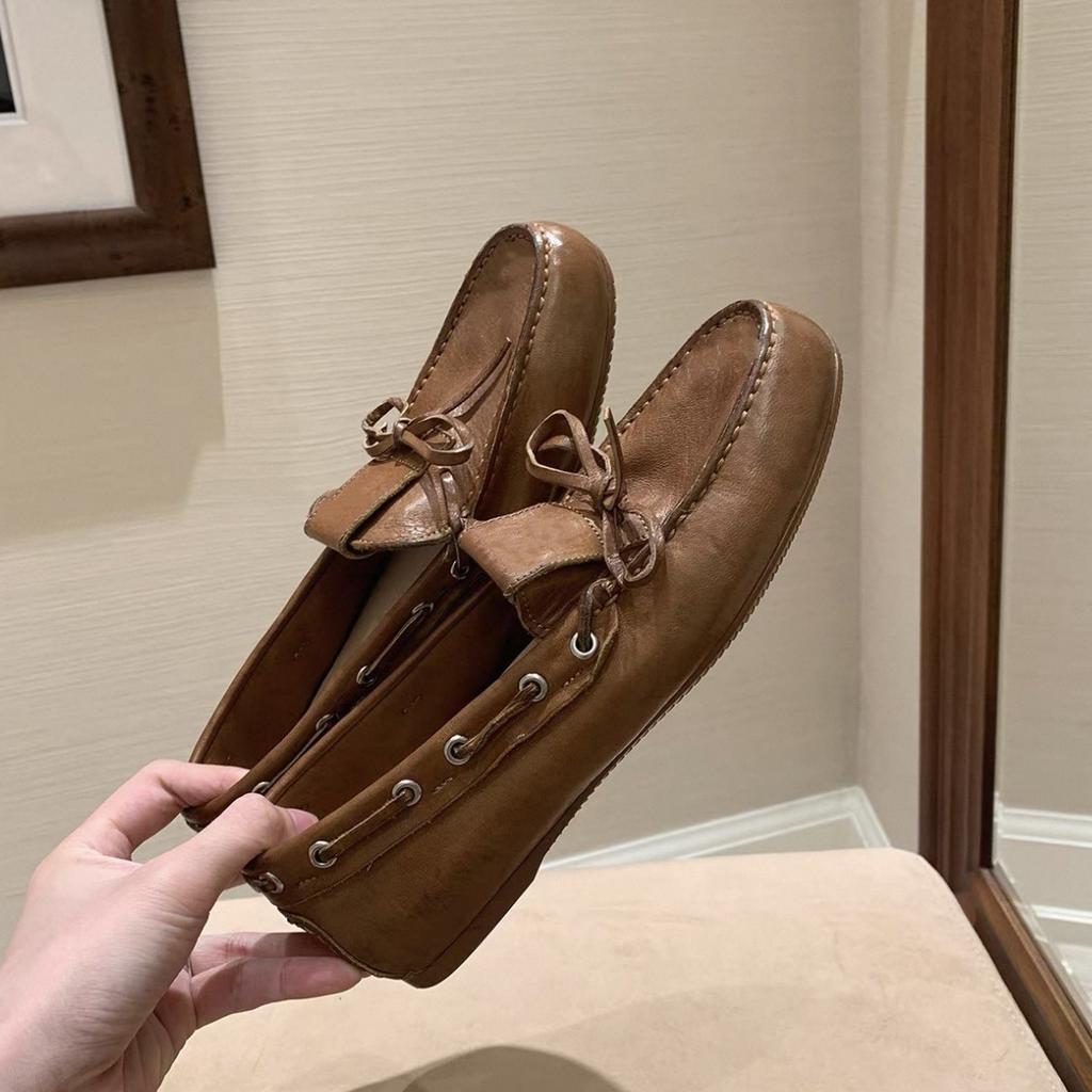 Grape Home~ Cowhide Edition Sydney Weekend~ Washed Horse Leather Pattern British Style Bow Doudou Loafer Leather Shoes Women