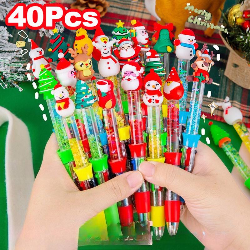 40Pcs Santa Claus Quicksand Four-color Ballpoint Pen Hand Account Pen Press Color Stationery Prize Gift Writing Tools Holiday Gift Novelty Stationery