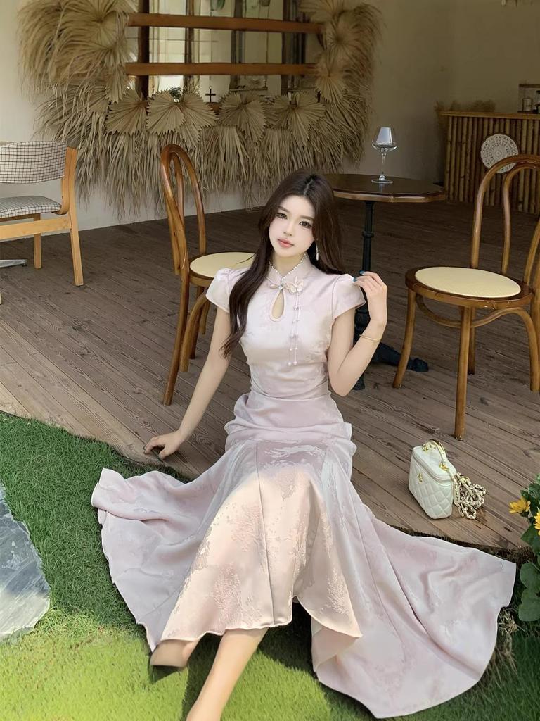 Plus Size Women's Summer Stand Collar Jacquard Slim Fit Qipao