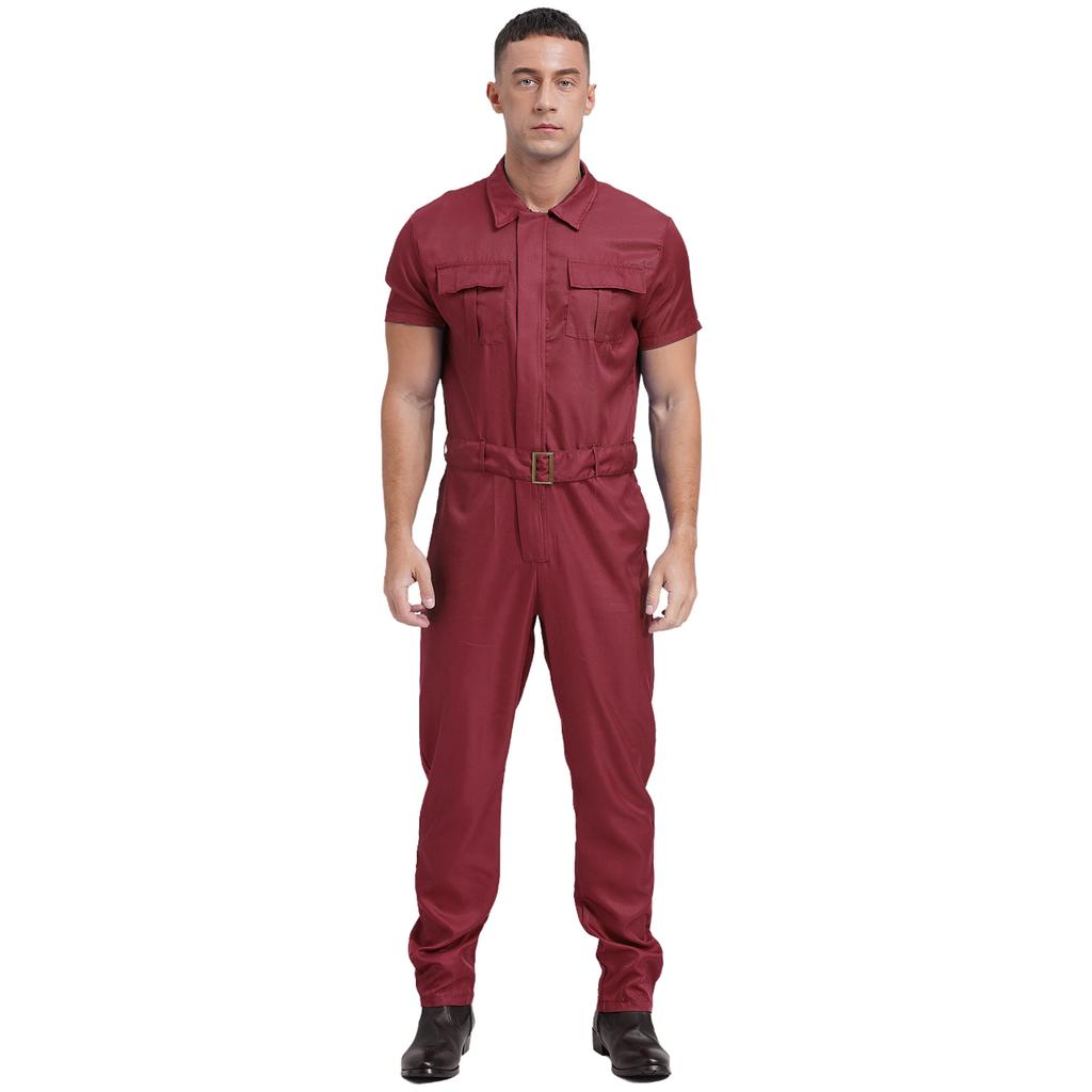 Mens Durable Coveralls Short Sleeve Zipper Front Multi-Pocket Workwear Overalls