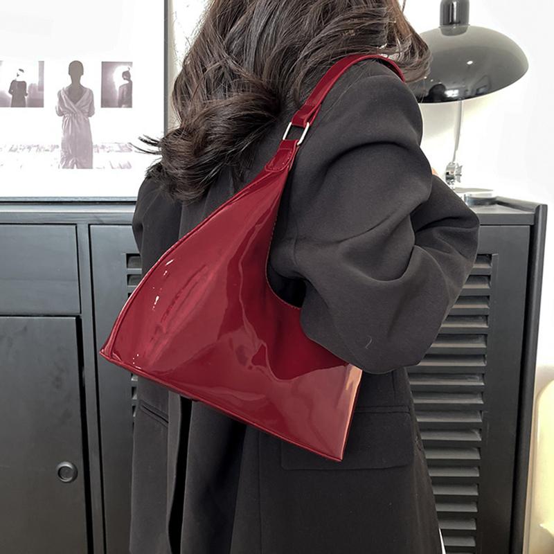 Glossy Shoulder Bag Fashion PU Leather Solid Color Messenger Bag Purse Women Shoulder Bag Hobo Handbag AVE