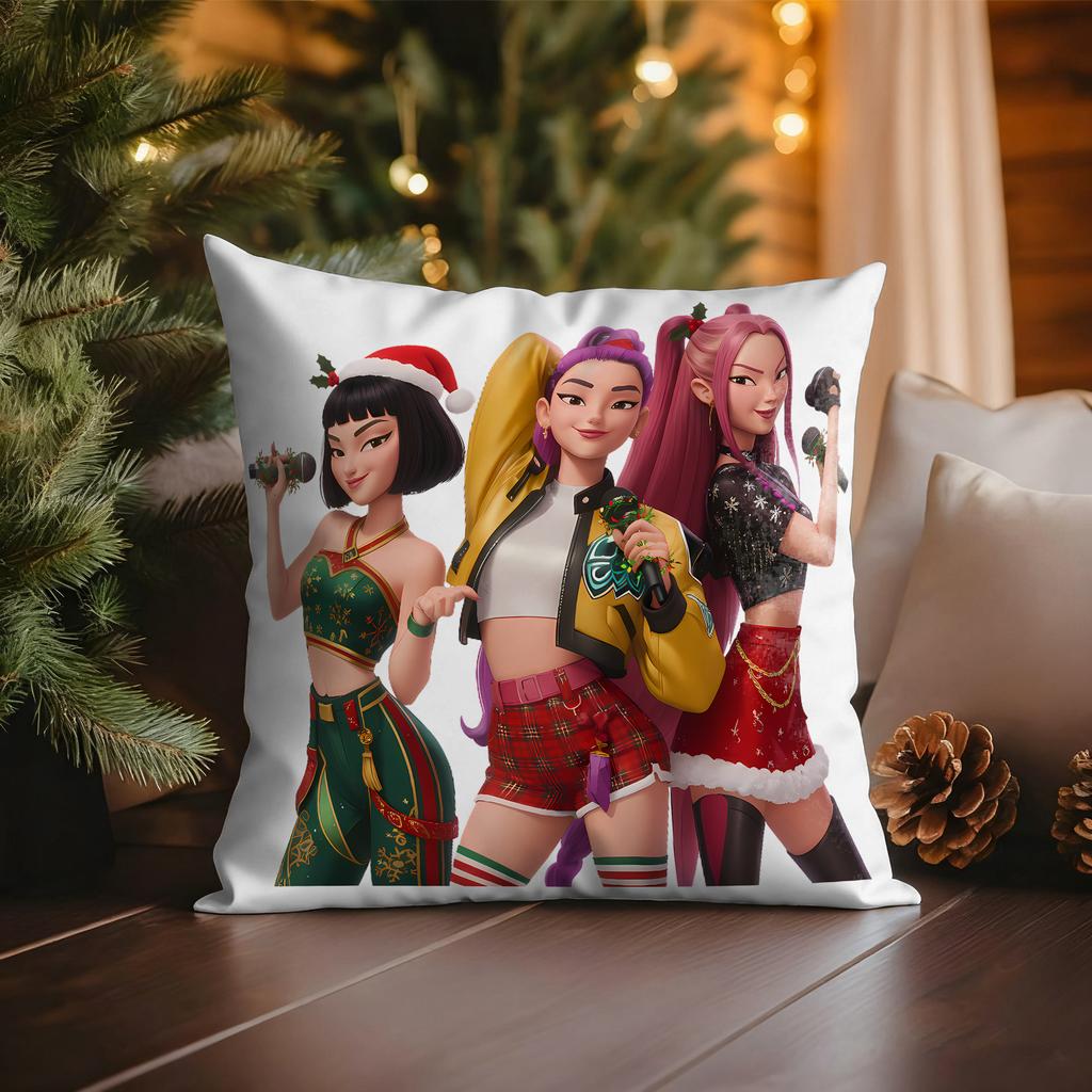 KPop Demon Hunters Blue Cat wearing Christmas Hat with Colorful Lights Christmas Pillowcase fashion Home Decoration