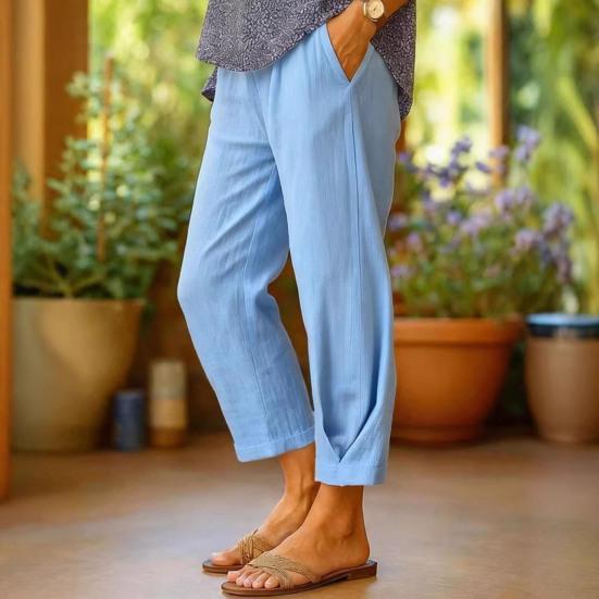 Women Pants Mid-rise Elastic Waist Solid Color Casual Trousers with Pockets Loose Fit Leisure