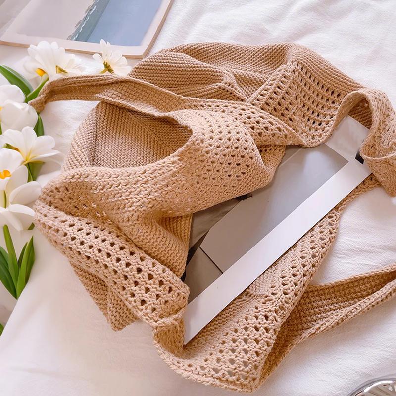 Yogodlns Casual Hollow Women Shoulder Bag Solid Color Large Capacity Summer Woven Beach Bag Foldable Handmade Crochet Tote Bag