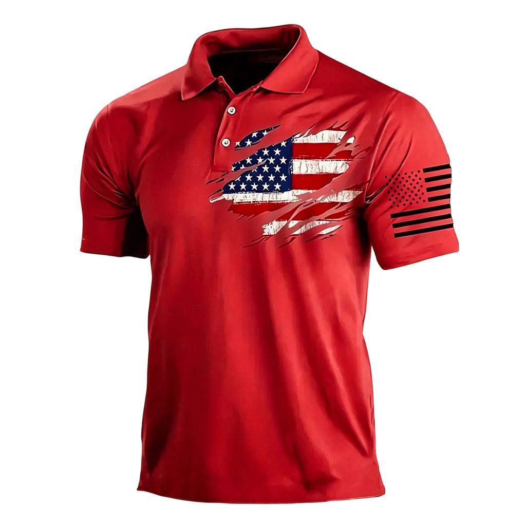 Men’s Casual Polo Shirt Short Sleeve with Flag Print Turn Down Collar Classic Fit for Everyday Wear Outdoor Activities