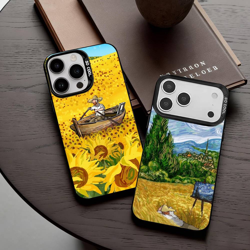 V-Van G-Gogh S-Sternenblumen Handyhülle Für iPhone17,16,15,14,13,12,11 Plus,Pro Max Schwarz Süßigkeiten Silber Beschichtete Hülle