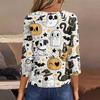 Lady's fashionable casual V-neck buttoned Halloween print three-quarter sleeve