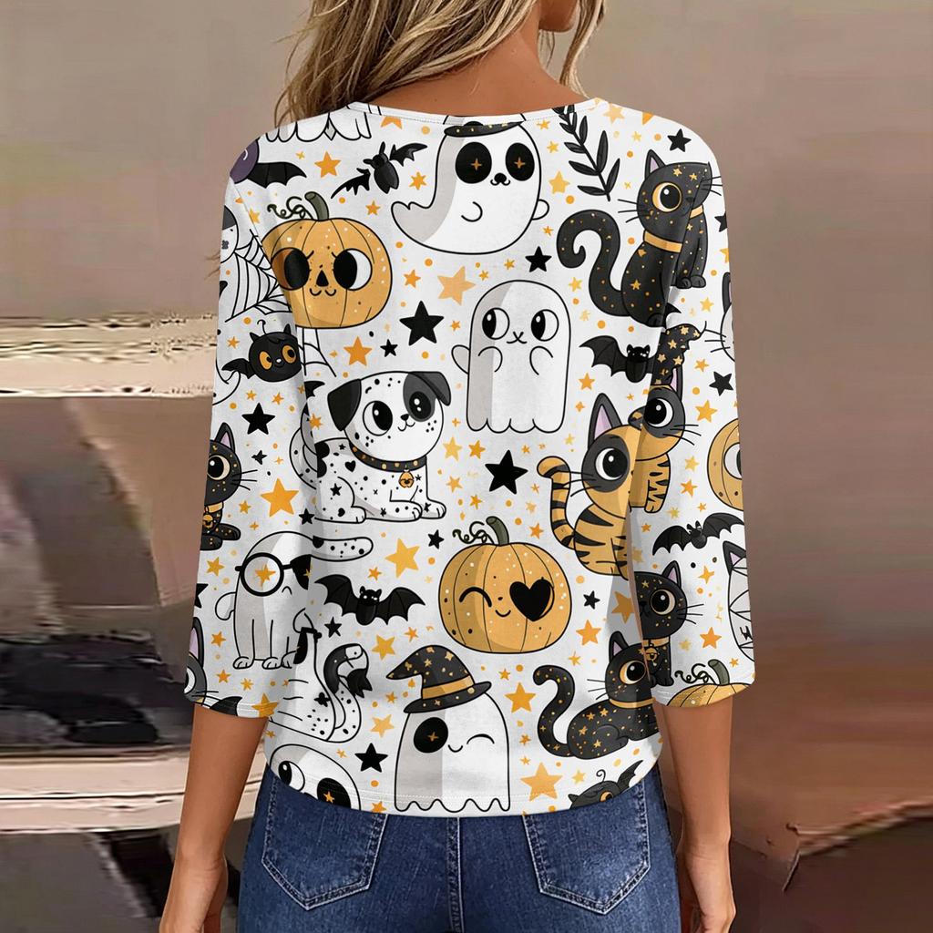 Lady's fashionable casual V-neck buttoned Halloween print three-quarter sleeve