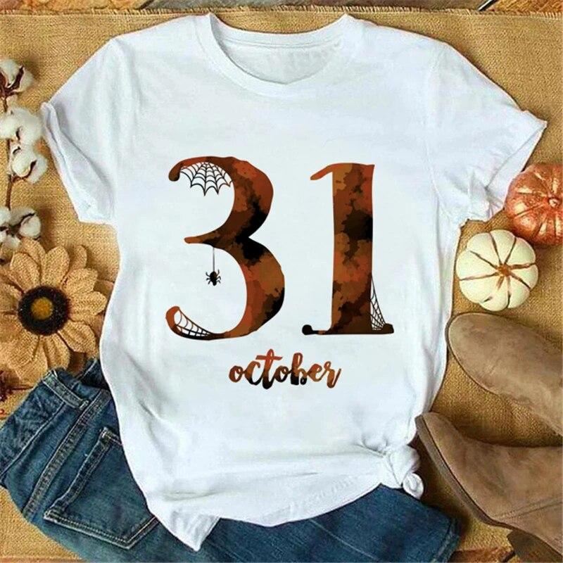 Weißes Sommer Damen T-Shirt Play Trick Art Druckdesign Übergroß Kurzarm Komfort Damen T-Shirt Y2K Grafik ALLERHEILIGENTAG