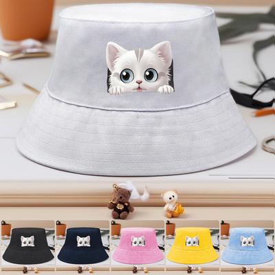 Cute White Cat Print Bucket Hat , Cartoon Pet Fisherman Hat Beach Summer Fit Fishing Hat