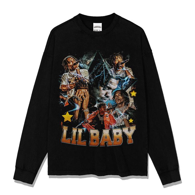 Hip Hop Hooded Sweater, Long Sleeve T-Shirt Babe Crew Neck Lil B Vintage Aby Print Short Sleeve Lil Street Tide