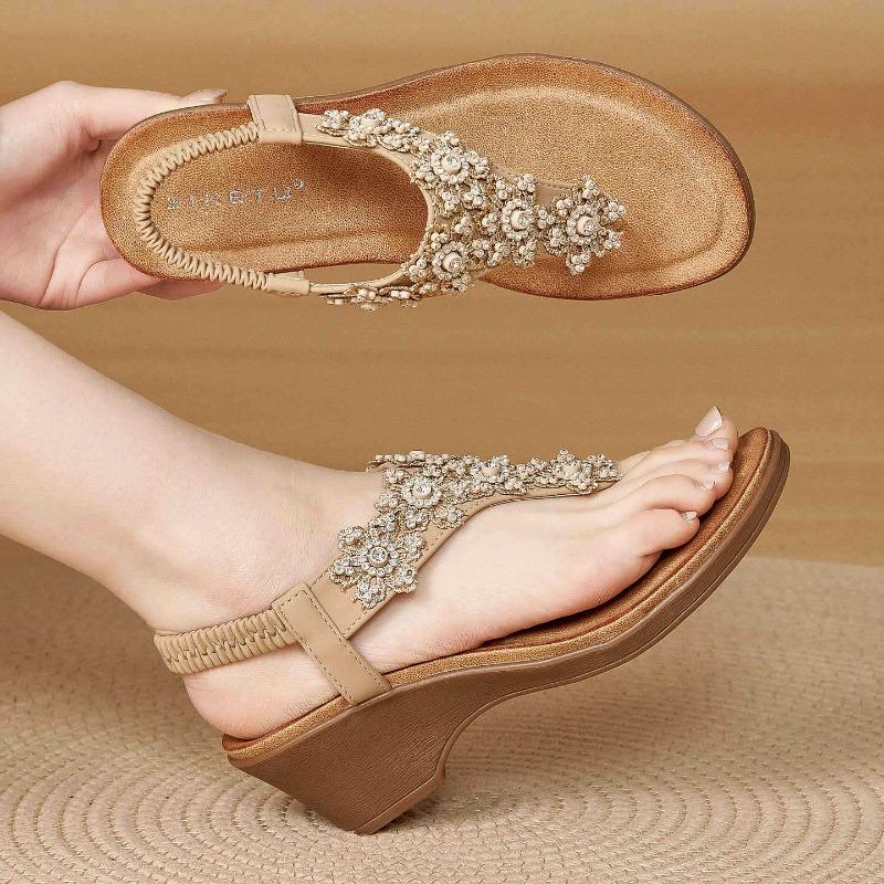 A New Summer Amazon Rhinestone Flower Comfortable Wedge Heel Sandals
