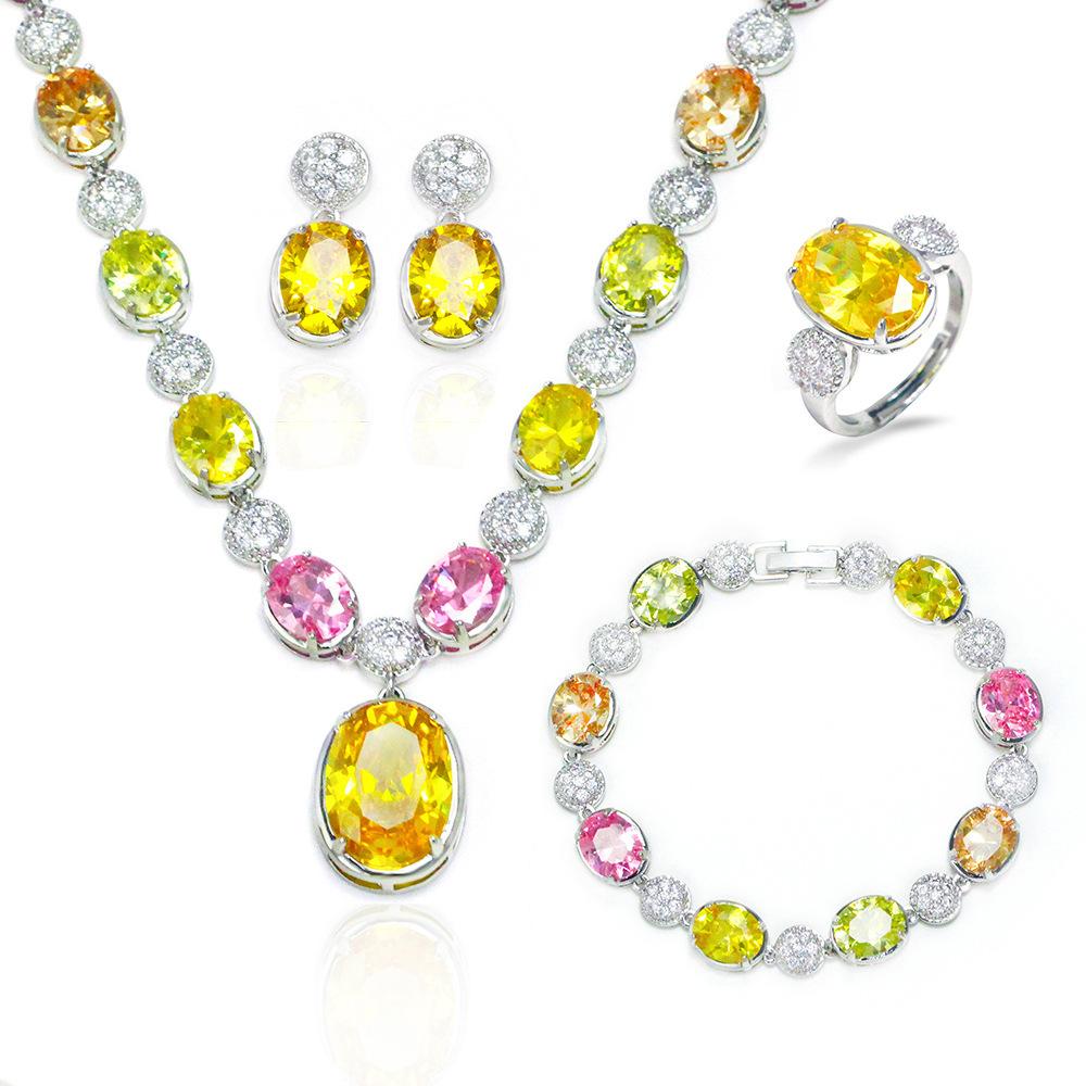 Banquet Dress With Chain Color Zircon Necklace Earrings Ring Bracelet Four-Piece Set