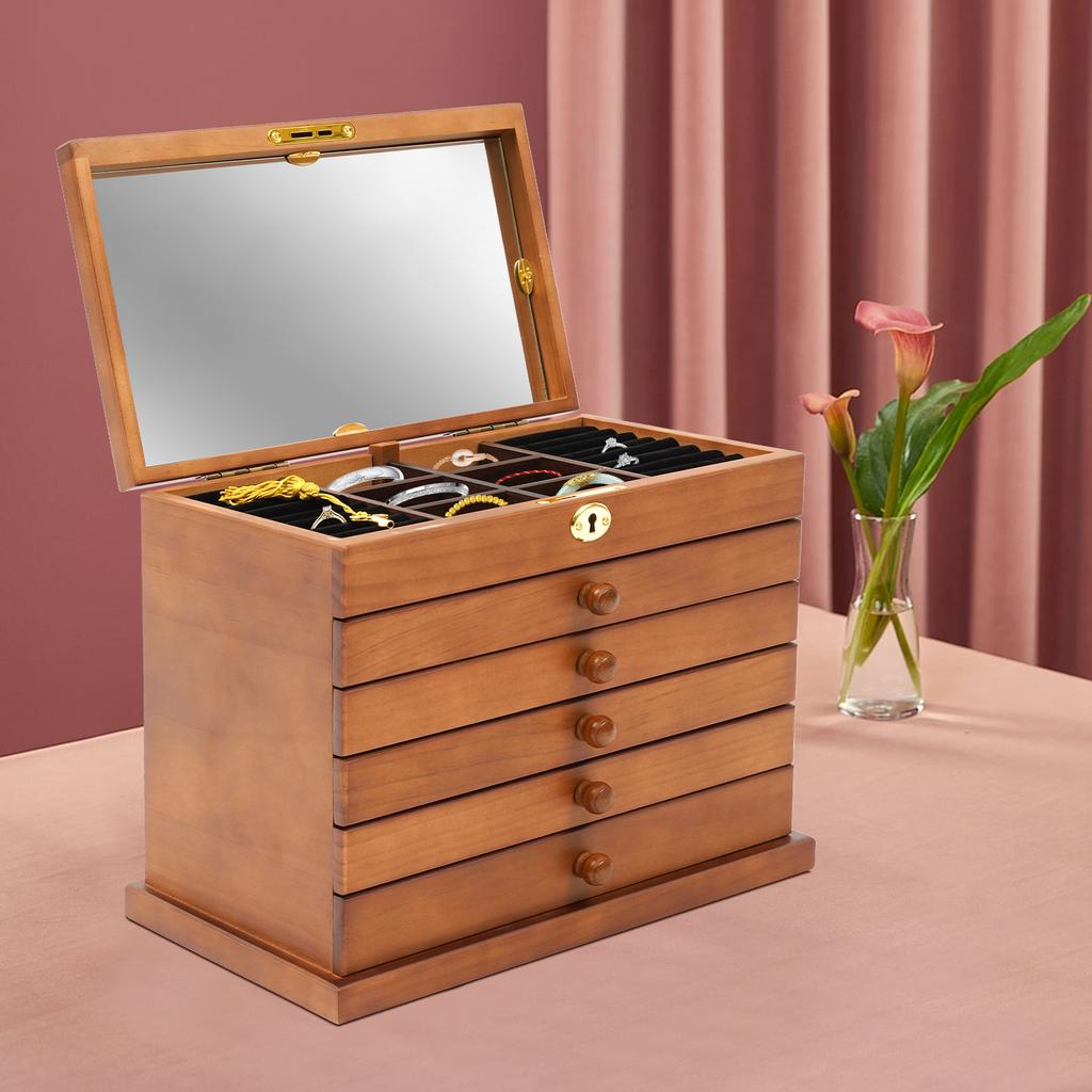Bymaocar 6-layer Jewelry Storage Box W/ Mirror,Lockable Exquisite Carved Storage Holder Decor,Compact Dressing Table Organizer