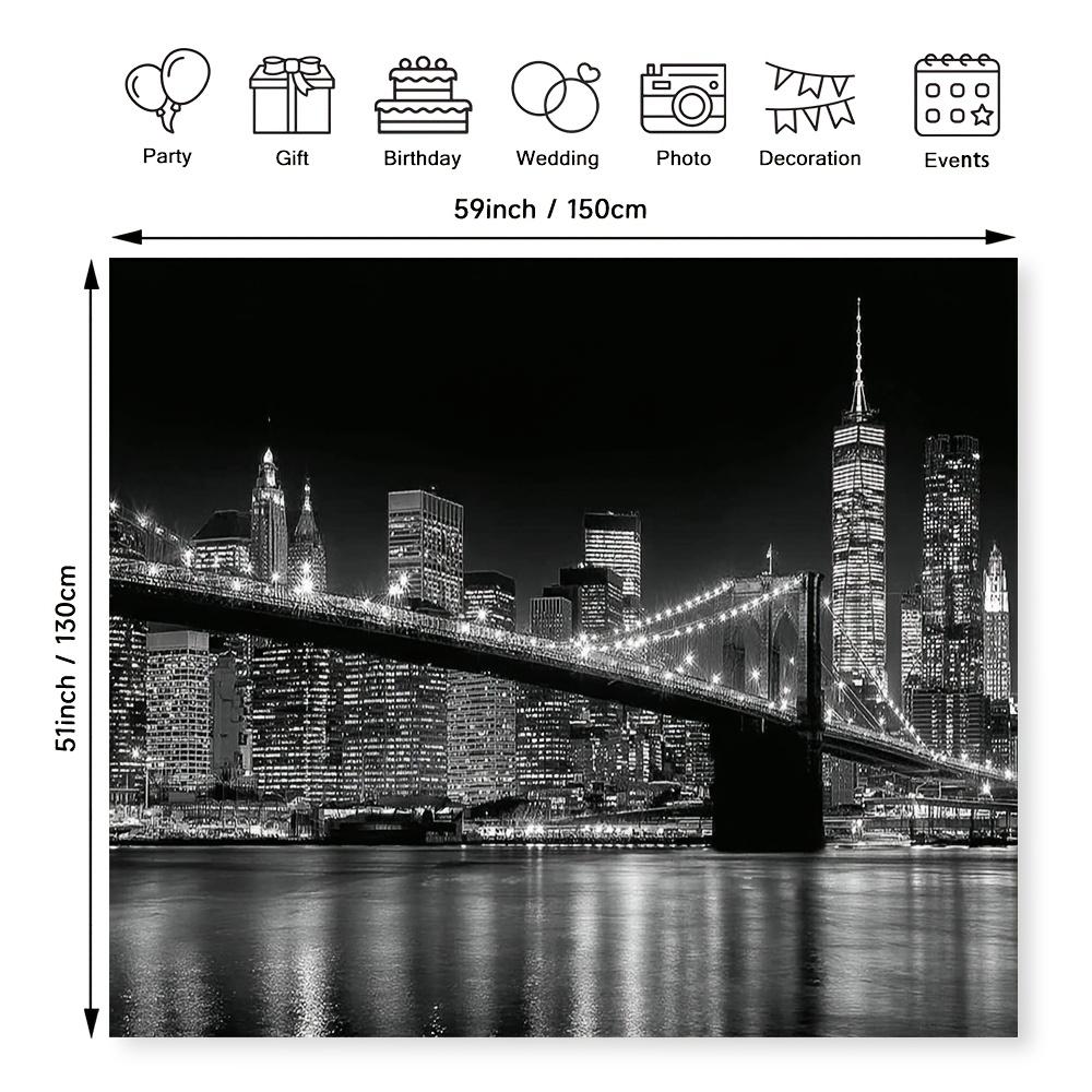 2D plan, 1 New York City skyline and Brooklyn Bridge wall sticker - Black and white New York night scene background