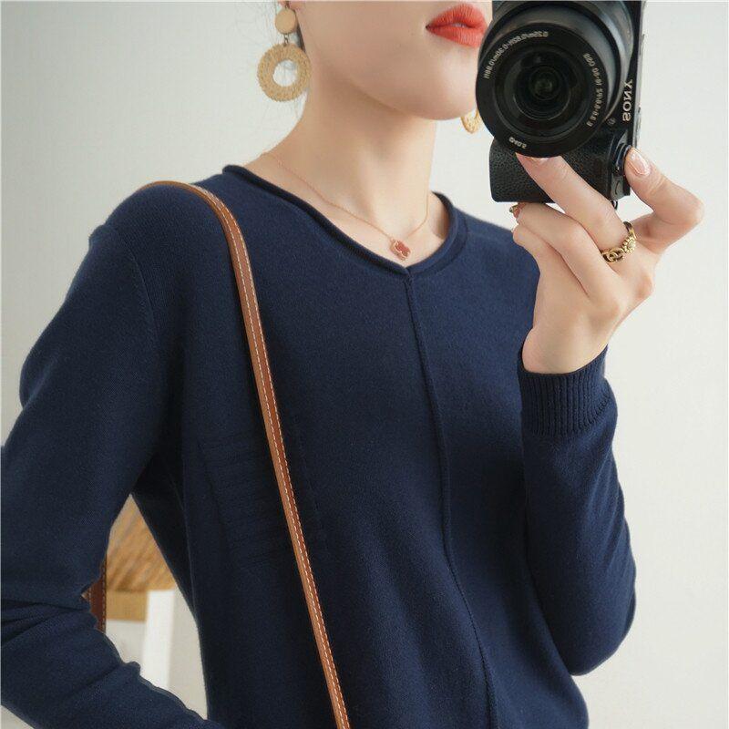 Baumwollpullover im koreanischen Stil mit gerolltem Saum und Rundhalsausschnitt für Damen, langärmlig und locker geschnitten