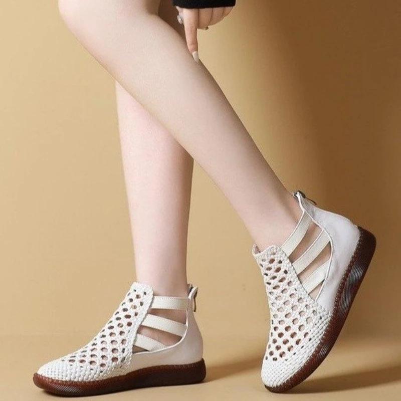 Comemore Round Toe Thick Sole Sneakers Sandals Women Summer 2025 Hollow Out Casual Roman Style Sandales Back Zip Vulcanize Shoes