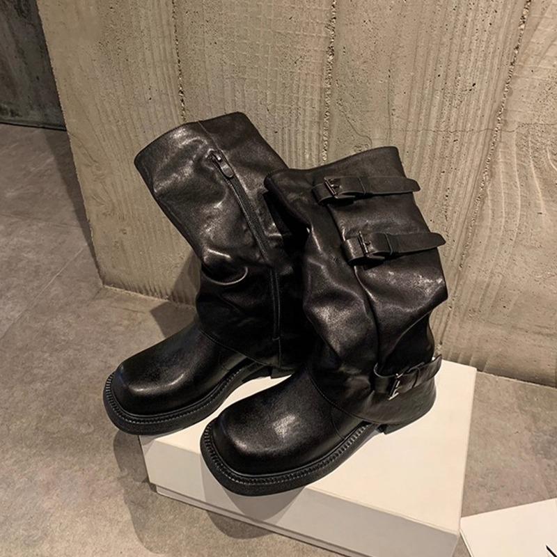 Cowhide version belt buckle Martin boots female knight leather boots thick-soled wasteland wind boots western cowboy boots