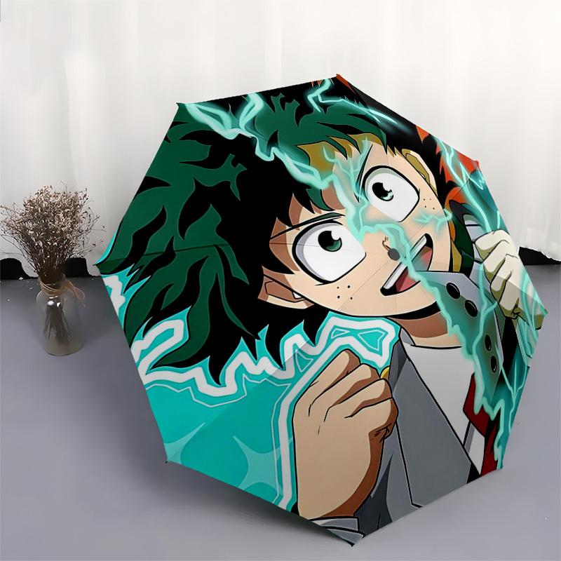 1pc My Hero Academia Anime Theme Automatic Opening Folding Umbrella with Lightning Print - Portable 3-Fold Design, 8-Bone Iron Frame Outdoor Umbrella