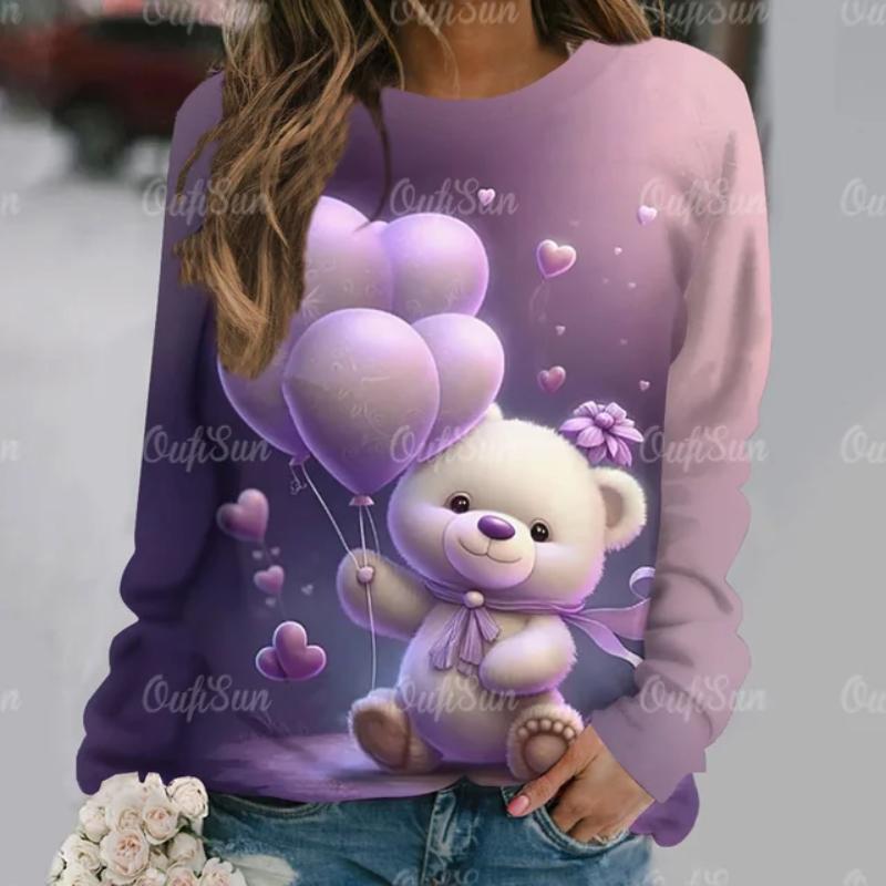 Cute Bear Women's Hoodie Casual O Neck Long Sleeve Pullover Tops 2024 New T-Shirt for Women Streetwear Fashion Women T Shirt Tee